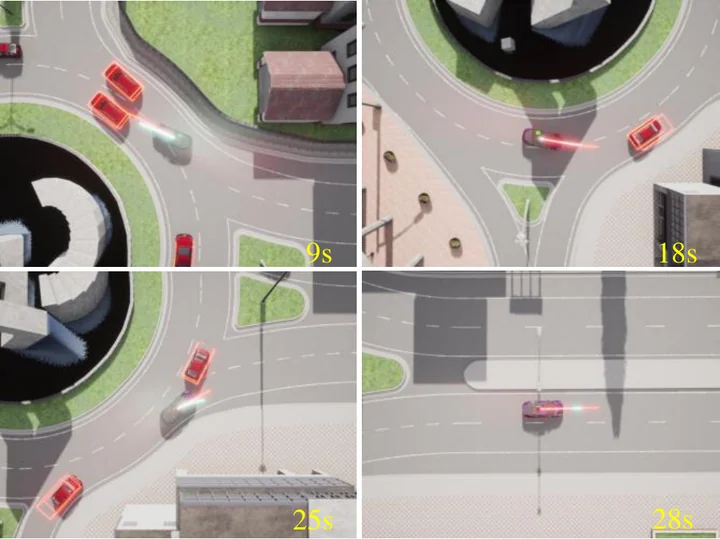 Four CARLA roundabout snapshots show rule-compliant autonomous vehicle motion.
