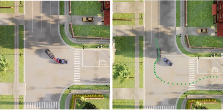 CARLA comparison shows a safety controller guiding an autonomous car through a junction deadlock.