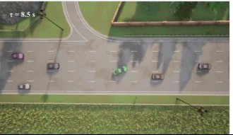 A green autonomous vehicle changes lanes among surrounding cars in a CARLA road simulation.