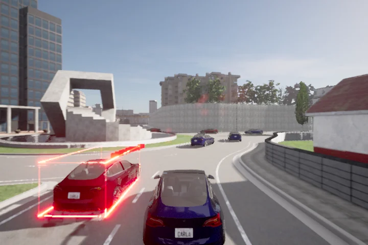 UDMC autonomous vehicle merging into a busy roundabout with its planned trajectory highlighted.