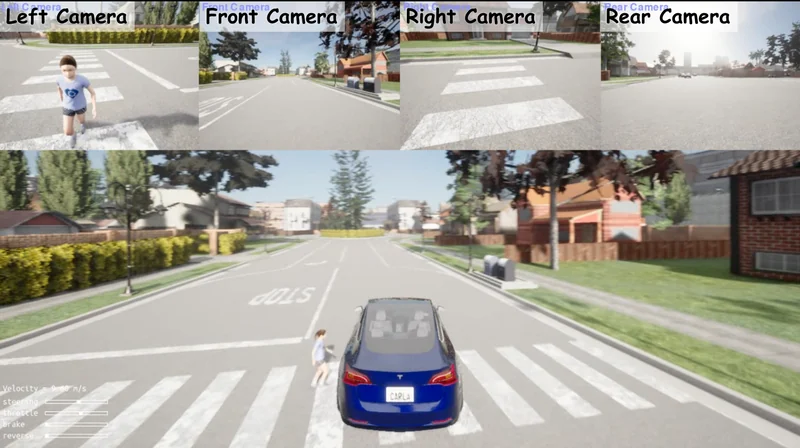 VLM-UDMC car approaching a pedestrian at an urban junction with four onboard camera views.