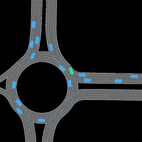CoDriveVis bird’s-eye visualization of connected vehicles driving through a roundabout.