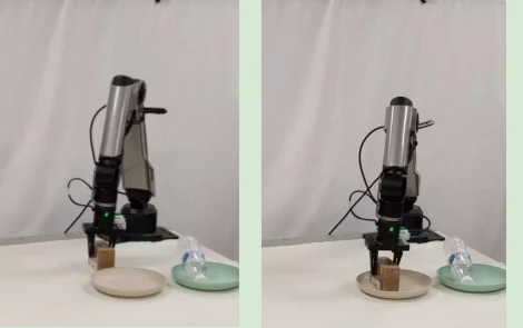 UniManip robot completing a tabletop sorting action in two consecutive experimental frames.