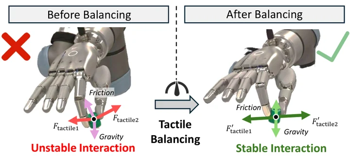 DexTeleop-0 tactile force balancing stabilizes a dexterous robotic hand grasp.