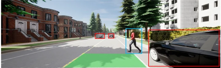 Driving simulator interface showing detected road users and a planned maneuver overlay during normal operation.