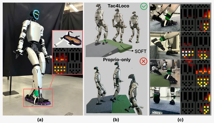 Tac4Loco humanoid robot and plantar pressure maps demonstrate tactile feedback for uneven terrain.