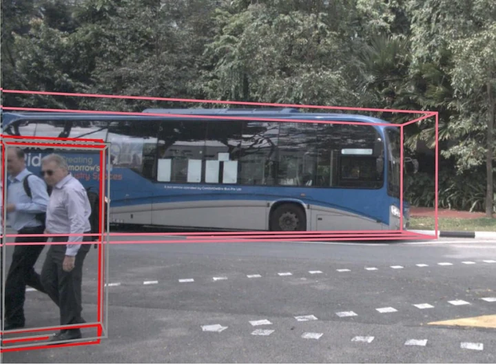 OmniScene front-camera visualization detects crossing pedestrians and a bus with 3D bounding boxes.
